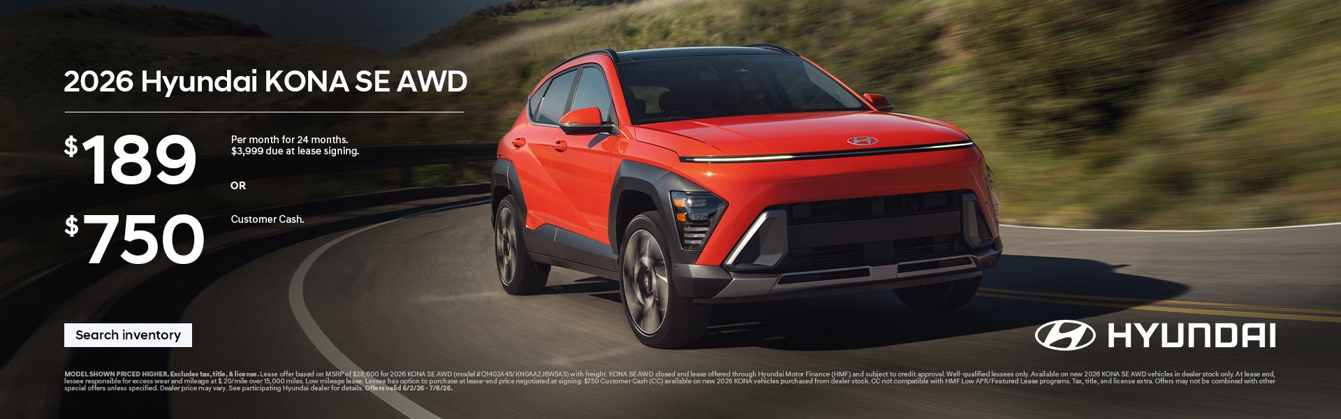 2026 Hyundai Kona Lease or Customer Cash Offer