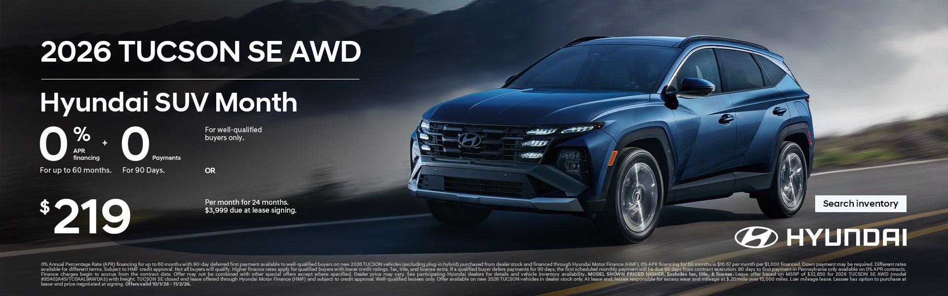 0% APR for 60 mos. + 0 Payments for 90 Days or $219/24/$3,999 Lease