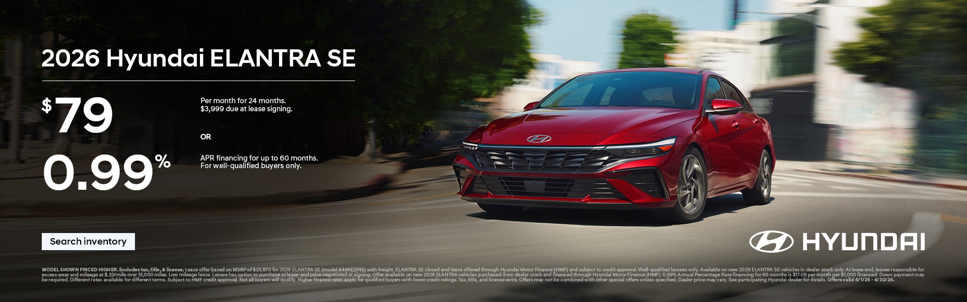 2026 Hyundai Elantra SE APR or Lease Offer